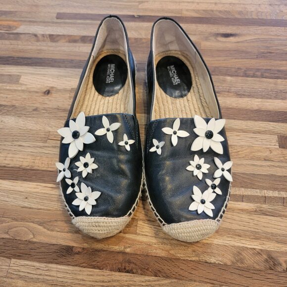 Michael Kors Lola Leather Floral Slip On Espadrille Flats, Black/White & Jute - Picture 2 of 14